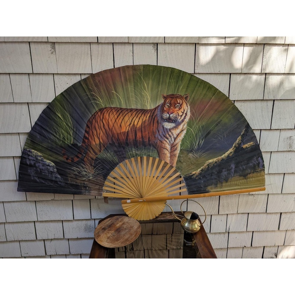 Vintage Hand Painted MCM Tiger And Jungle Wall Fan On Silk And Bamboo